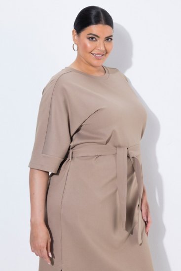 Ulla Popken 852288 Midi haljina kratkih rukava s pojasom za vezanje Svijetlosmeđa - Midi haljine - Ženske midi haljine plus size
