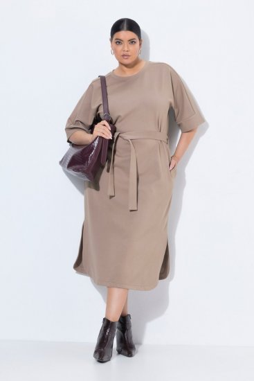 Ulla Popken 852288 Midi haljina kratkih rukava s pojasom za vezanje Svijetlosmeđa - Midi haljine - Ženske midi haljine plus size