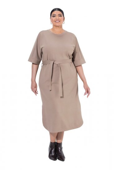 Ulla Popken 852288 Midi haljina kratkih rukava s pojasom za vezanje Svijetlosmeđa - Midi haljine - Ženske midi haljine plus size