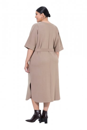 Ulla Popken 852288 Midi haljina kratkih rukava s pojasom za vezanje Svijetlosmeđa - Midi haljine - Ženske midi haljine plus size