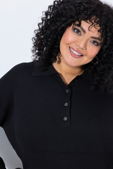 Ulla Popken 852630 Pletena haljina dugih rukava Crna - Midi haljine - Ženske midi haljine plus size