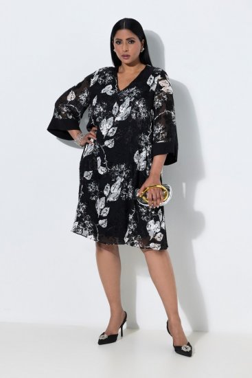Ulla Popken 852959 Cvjetna haljina s 3/4 rukavima Crna - Midi haljine - Ženske midi haljine plus size
