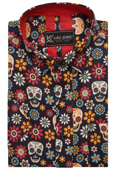Kam Jeans 6040 Floral Skull Print Shirt Black - Košulje - Muške Košulje Veliki Brojevi