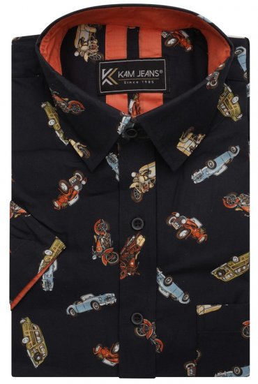Kam Jeans 6046 Vintage Car Digital Print Shirt Black - Košulje - Muške Košulje Veliki Brojevi