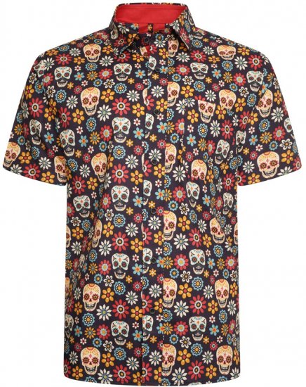 Kam Jeans 6040 Floral Skull Print Shirt Black - Košulje - Muške Košulje Veliki Brojevi