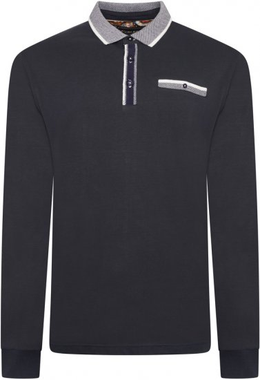 Kam Jeans 5509 LS Jersey Polo with Jacquard Pattern on Collar/Cuffs Navy - Polo majice - Muške Polo Majice Veliki Brojevi
