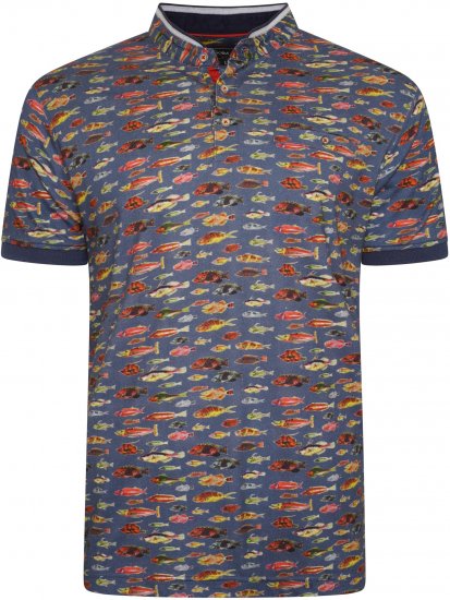 Kam Jeans 5743 Fish Print Jersey Grandad Top Indigo - Polo majice - Muške Polo Majice Veliki Brojevi