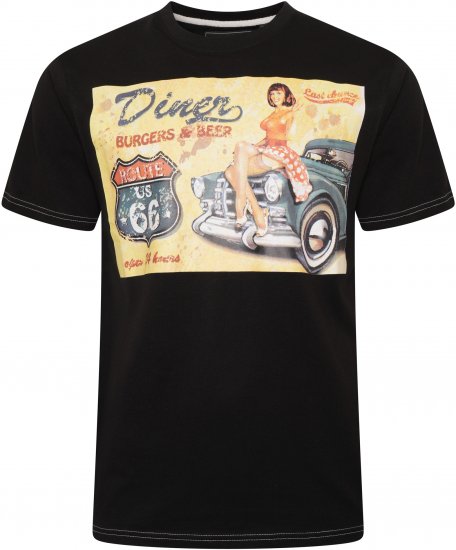 Kam Jeans 5751 Distressed Diners Print T-Shirt Black - Majice Kratkih Rukava - Muške Majice Kratkih Rukava Veliki Brojevi 