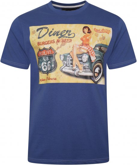 Kam Jeans 5751 Distressed Diners Print T-Shirt Blue - Majice Kratkih Rukava - Muške Majice Kratkih Rukava Veliki Brojevi 