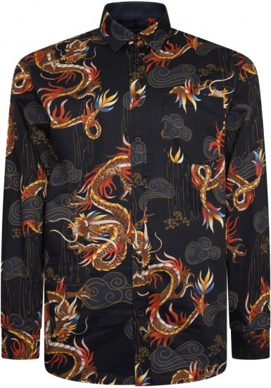 Kam Jeans 6057 LS Dragon Print Shirt Black - Košulje - Muške Košulje Veliki Brojevi