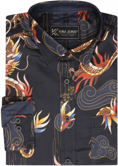 Kam Jeans 6057 LS Dragon Print Shirt Black - Košulje - Muške Košulje Veliki Brojevi