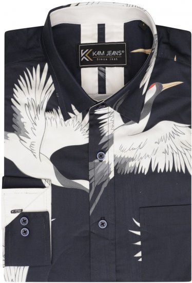 Kam Jeans 6059 LS Bird Print Shirt Navy - Košulje - Muške Košulje Veliki Brojevi