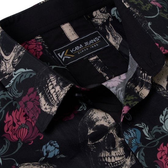 Kam Jean 6074 Košulja Kratkih Rukava S Printom Lubanje Crna - Košulje - Muške Košulje Veliki Brojevi