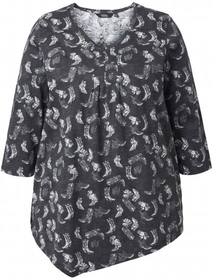 Ulla Popken Asymmetric Cowboy Boot Print Tee Black - Tiskana majica za žene - 