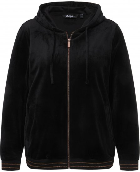 Ulla Popken Tulip Line Print Velour Zip Hoodie Black - Puloveri & dukserice - 