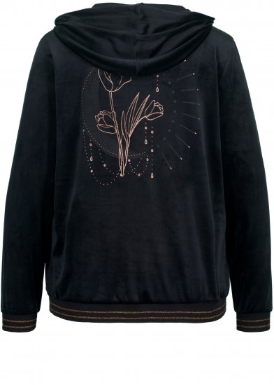 Ulla Popken Tulip Line Print Velour Zip Hoodie Black - Puloveri & dukserice - 