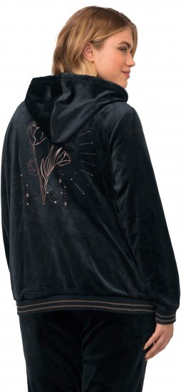 Ulla Popken Tulip Line Print Velour Zip Hoodie Black - Puloveri & dukserice - 