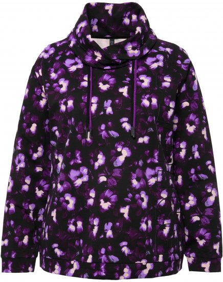 Ulla Popken Floral Print Drawstring Collar Hoodie Black - Puloveri & dukserice - 