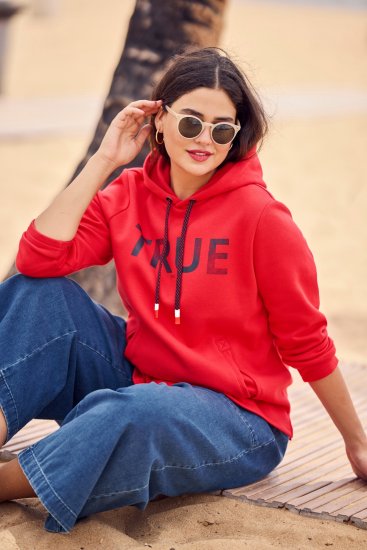 Ulla Popken TRUE Lettering Hoodie Neon Red - Puloveri & dukserice - 