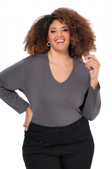 Ulla Popken Back To Basics V-Neck Relaxed Fit Cotton Tee Graphite Grey - Majice - Ženske majice kratkih rukava