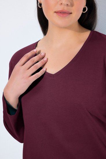 Ulla Popken Back To Basics V-Neck Relaxed Fit Cotton Tee Dark Berry - Majice - Ženske majice kratkih rukava