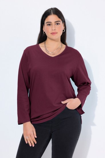 Ulla Popken Back To Basics V-Neck Relaxed Fit Cotton Tee Dark Berry - Majice - Ženske majice kratkih rukava