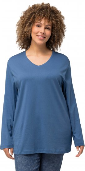Ulla Popken Back To Basics V-Neck Relaxed Fit Cotton Tee Denim Blue - Majice - 