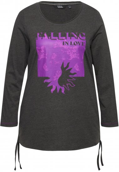 Ulla Popken Tie Hem Long Sleeve Graphic Tee Charcoal Grey Melange - Tiskana majica za žene - 