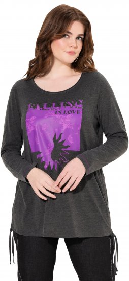Ulla Popken Tie Hem Long Sleeve Graphic Tee Charcoal Grey Melange - Tiskana majica za žene - 