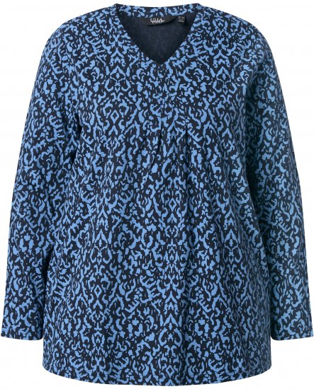 Ulla Popken Geometric Print 3/4 Sleeve Pleated Tee Navy Blue - Tiskana majica za žene - 