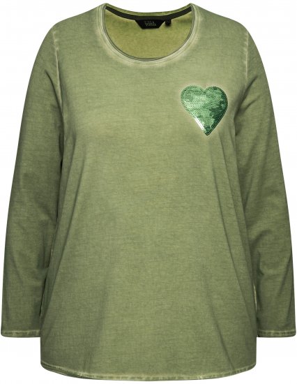 Ulla Popken Cold Dyed Sequined Heart Long Sleeve Tee Sage Green - Tiskana majica za žene - 