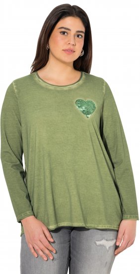 Ulla Popken Cold Dyed Sequined Heart Long Sleeve Tee Sage Green - Tiskana majica za žene - 