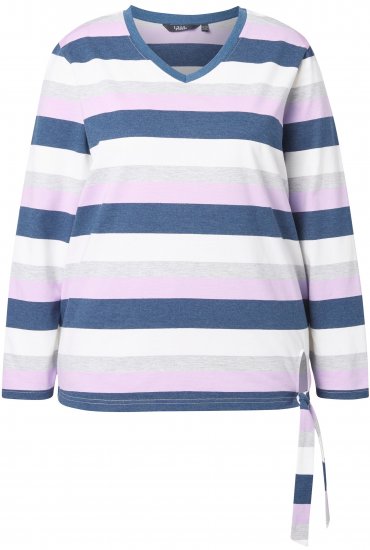 Ulla Popken Striped Knotted Hem Long Sleeve Tee Lavender - Tiskana majica za žene - 