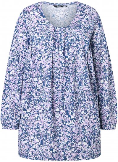 Ulla Popken Allover Printed Pleated Long Sleeve Tee Dark Blue - Tiskana majica za žene - 