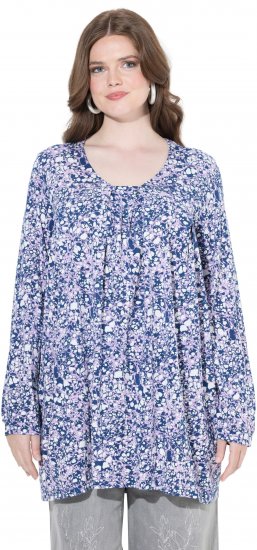 Ulla Popken Allover Printed Pleated Long Sleeve Tee Dark Blue - Tiskana majica za žene - 