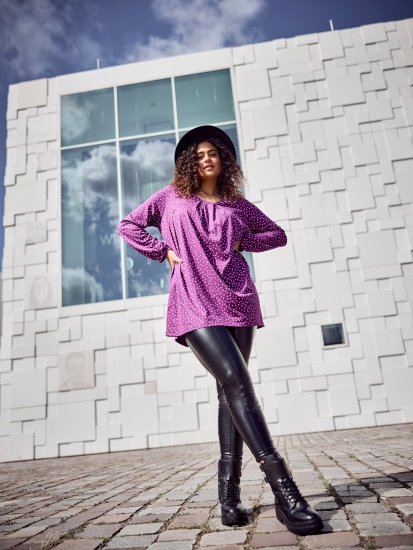 Ulla Popken Pleated Confetti Print Long Sleeve Tee Light Plum - Tiskana majica za žene - 