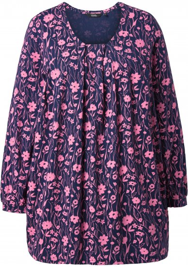 Ulla Popken Pleated Long Sleeve Floral Knit Tunic Ink Blue - Tiskana majica za žene - 