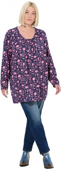Ulla Popken Pleated Long Sleeve Floral Knit Tunic Ink Blue - Tiskana majica za žene - 