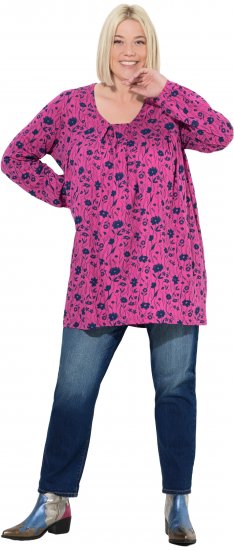 Ulla Popken Pleated Long Sleeve Floral Knit Tunic Summer Berry - Tiskana majica za žene - 