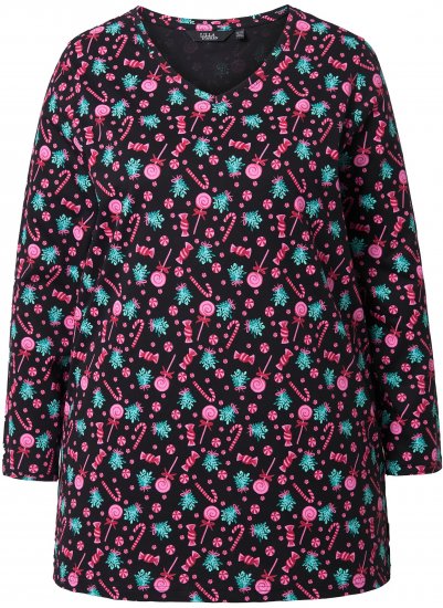 Ulla Popken Peppermint Tree V-Neck Holiday Cotton Long Sleeve Knit Tunic Black - Tiskana majica za žene - 