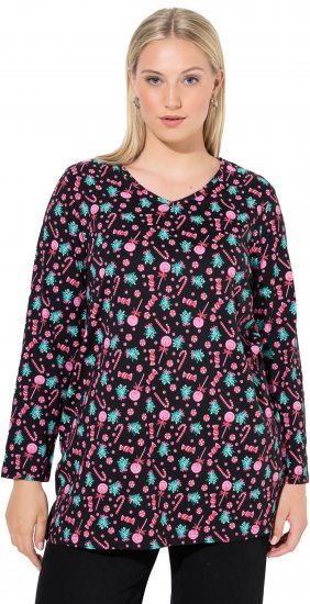 Ulla Popken Peppermint Tree V-Neck Holiday Cotton Long Sleeve Knit Tunic Black - Tiskana majica za žene - 