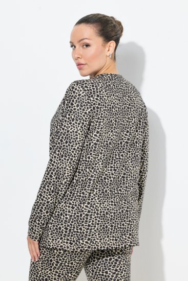 Ulla Popken Leopard Print Long Sleeve Ski Tee Black - Tiskana majica za žene - 