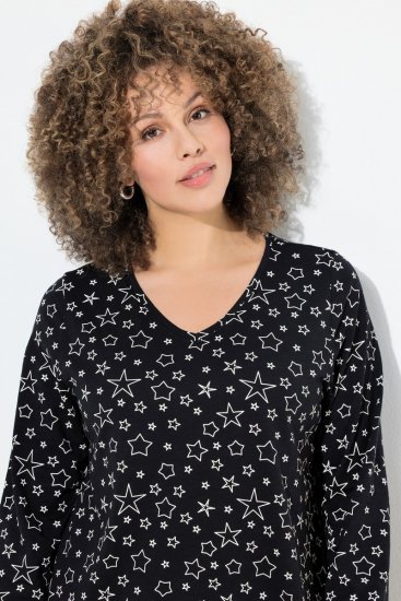 Ulla Popken Allover Printed Long Sleeve Tee Black - Tiskana majica za žene - Ženske majice s printom