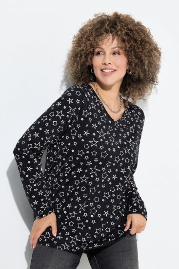 Ulla Popken Allover Printed Long Sleeve Tee Black - Tiskana majica za žene - Ženske majice s printom