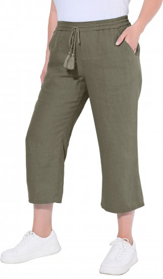 Ulla Popken Cool Linen Elastic Waist Capri Pants Loden Green - Traperice & Hlače u Velikim Veličinama – Plus Size - 