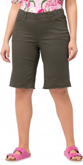 Ulla Popken Frayed Hemline Elastic Waistband Bermuda Shorts Loden Green - Traperice & Hlače u Velikim Veličinama – Plus Size - 
