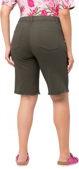 Ulla Popken Frayed Hemline Elastic Waistband Bermuda Shorts Loden Green - Traperice & Hlače u Velikim Veličinama – Plus Size - 