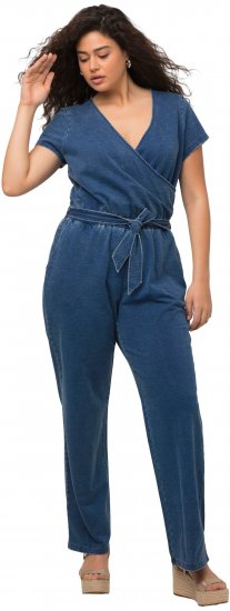 Ulla Popken Wrap Look Short Sleeve Denim Jumpsuit Blue - Traperice & Hlače u Velikim Veličinama – Plus Size - 