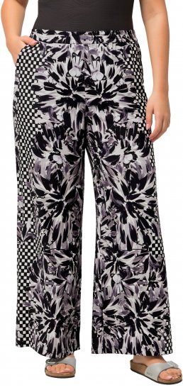 Ulla Popken Checkered Floral Elastic Waist Palazzo Paints Black - Traperice & Hlače u Velikim Veličinama – Plus Size - 