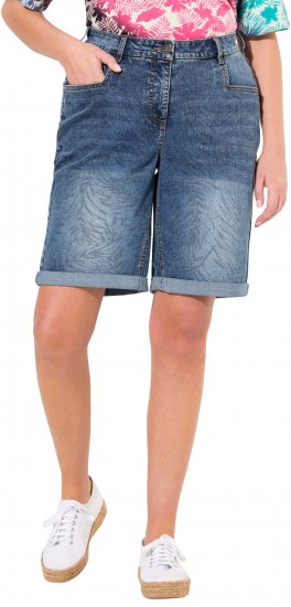 Ulla Popken Palm Print Denim Bermuda Shorts Blue Denim - Traperice & Hlače u Velikim Veličinama – Plus Size - 